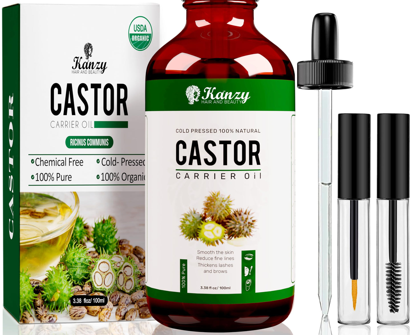 Kanzy Organic Castor Oil for Eyelashes and Eyebrows Cold Pressed for Hair Growth