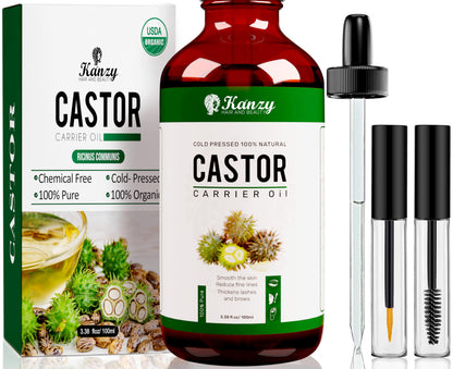 Kanzy Organic Castor Oil for Eyelashes and Eyebrows Cold Pressed for Hair Growth