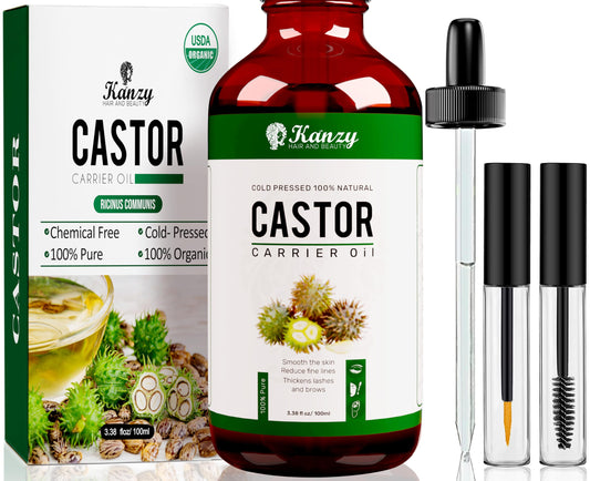 Kanzy Organic Castor Oil for Eyelashes and Eyebrows Cold Pressed for Hair Growth