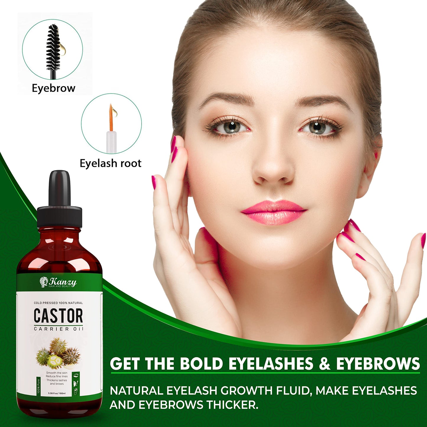 Kanzy Organic Castor Oil for Eyelashes and Eyebrows Cold Pressed for Hair Growth