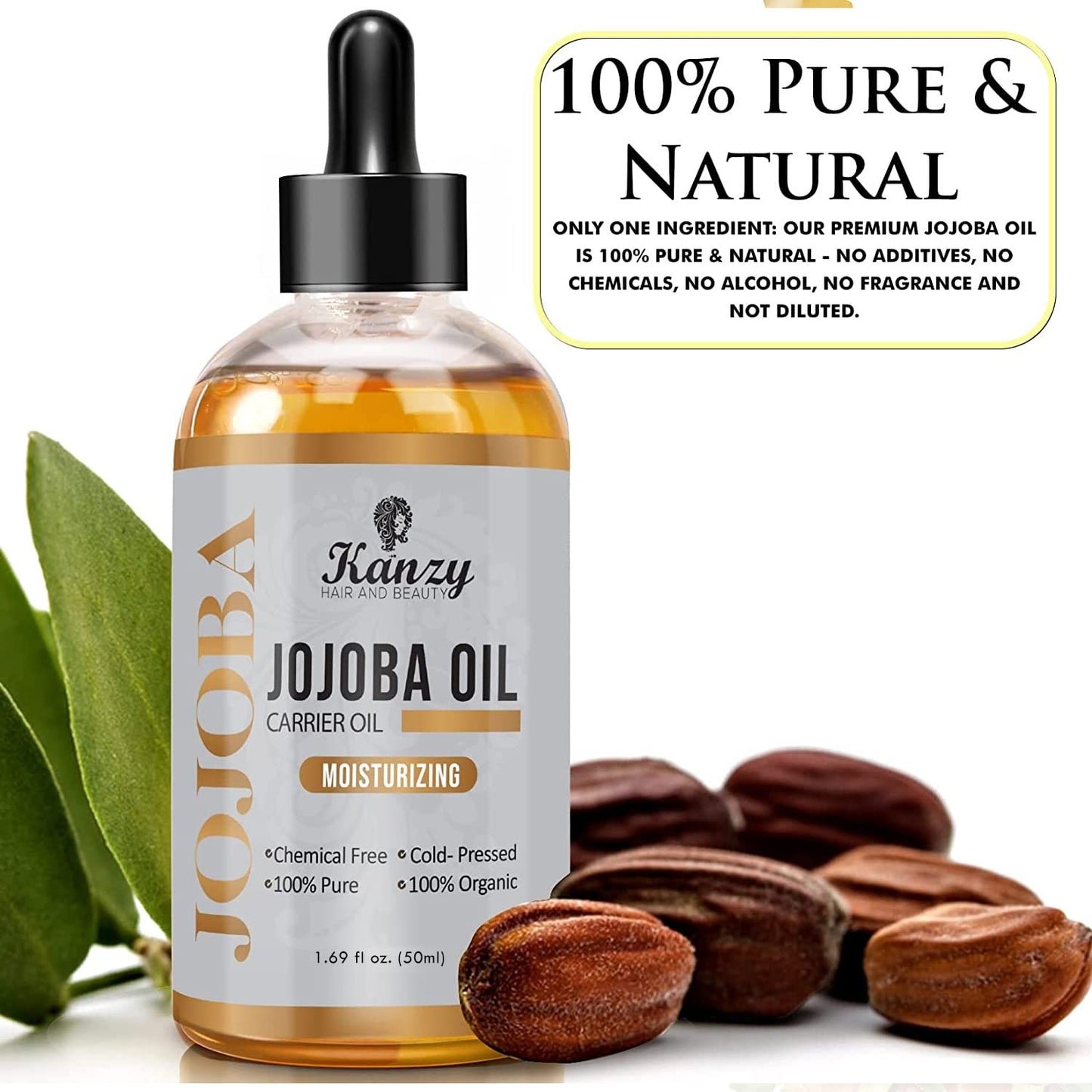 Kanzy Organic Jojoba Oil Cold Pressed for Hair Nails Face Skin & Body Oil