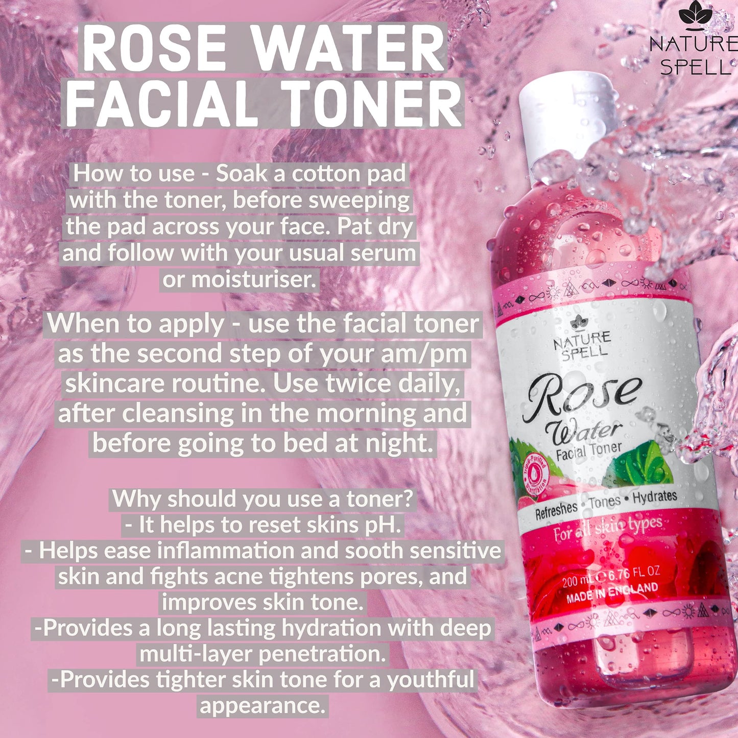 Nature Spell™ Rose Water Face Toner 200ml Skincare