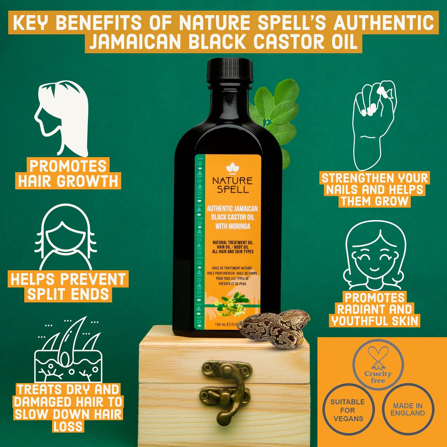 Nature Spell Authentic Jamaican Black Castor Oil with Moringa for Hair & Body 150 ml - Authentic JBCO For All Hair Types