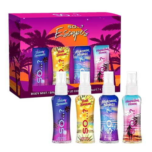 So…? Escapes Womens Gift Set, with Ibiza Dream, Bali Breeze, Mykonos Nights & Majorca Love, Fragrance Spray Set (4 x 50ml)