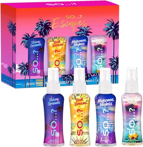 So…? Summer Escapes, Body Mist by So…? & Unique Womens Gift Sets Bundle, Body Mist Fragrance Spray (4x50ml) Pack of 3